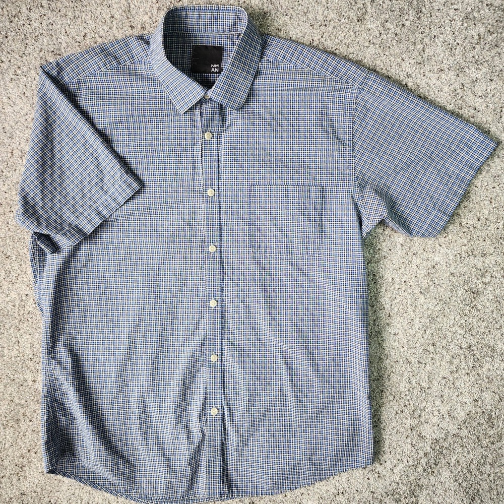 Nicole Miller‎ Button Down Shirt Mens XL Blue Check Short Sleeve Excellent